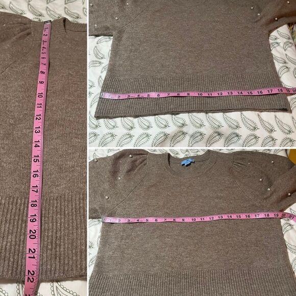 CeCe Tan Crew Neck Pearl Knit Embellished Sweater Long Balloon Sleeves S - Picture 9 of 9